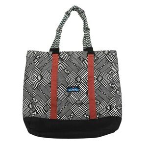 Kavu Black and White Geometric Tote with Red Straps